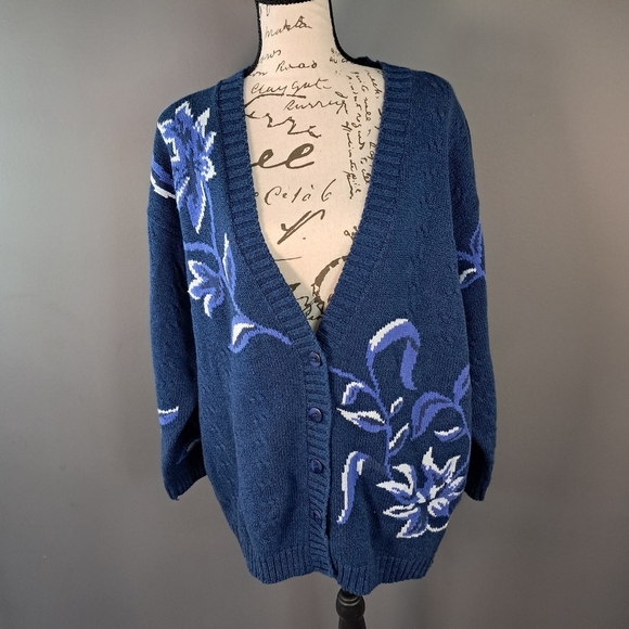 Vintage Womens Size Medium Cardigan Sweater Blue Floral Picone Sport 100% Cotton - Picture 1 of 7